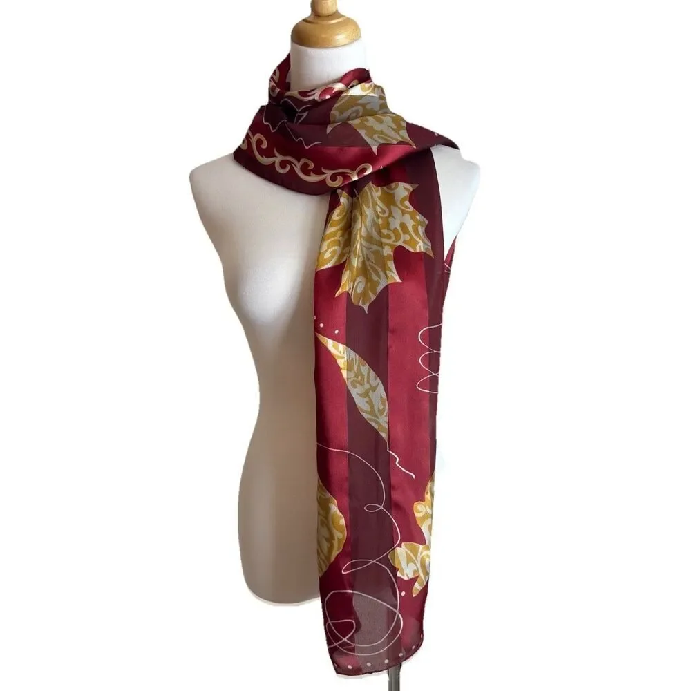 Symphonny Scarfs Made in Italy Burgundy Red Gold Long Scarf Abstract Leaf Print